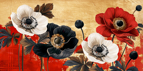 Red, blak, white anemone blossoms oil painting. Banner with beautiful spring flower. - 779442294