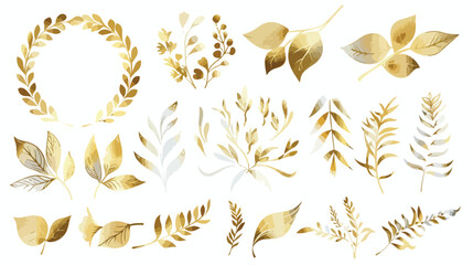 Set. Arrangement of decorative leaves and gold element