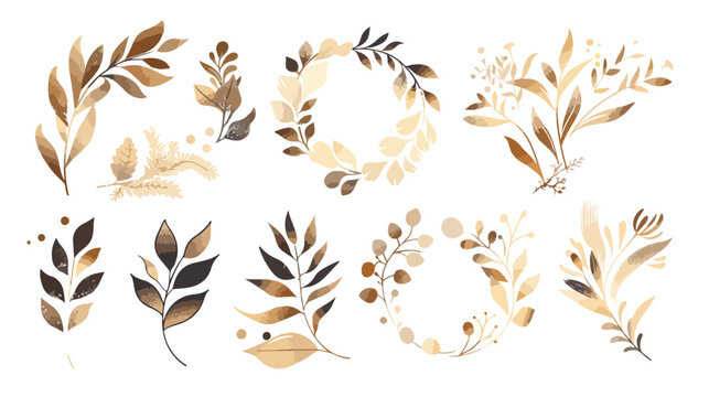 Set. Arrangement of decorative leaves and gold element
