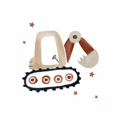 Beautiful hand drawn watercolor illustration with cute baby toys. Construction equipment clip art. Excavator digger.