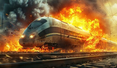 Flaming train racing on tracks. The concept of violence and terrorism
