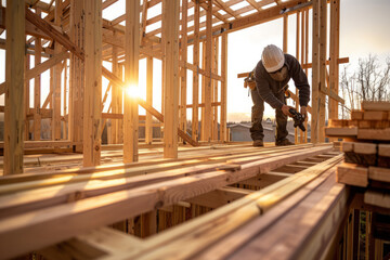A construction worker framing walls of a new house using a nail gun, surrounded by lumber and tools in the early morning light, emphasizing craftsmanship and detail in the construction work.