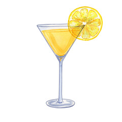Limoncello liqueur in a glass watercolor illustration. Homemade traditional Italian alcoholic liqueur made from lemons. Drink in a glass for menu and bar.