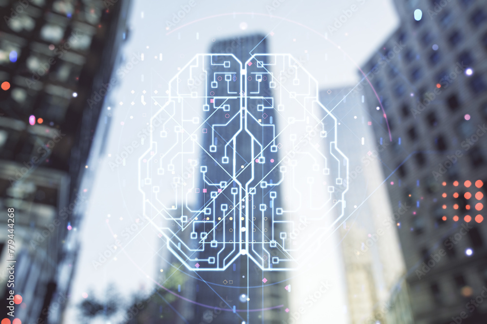 Poster virtual creative artificial intelligence hologram with human brain sketch on modern architecture bac