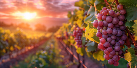 Sunset Over Lush Vineyard Rows with Ripe Grapes - obrazy, fototapety, plakaty