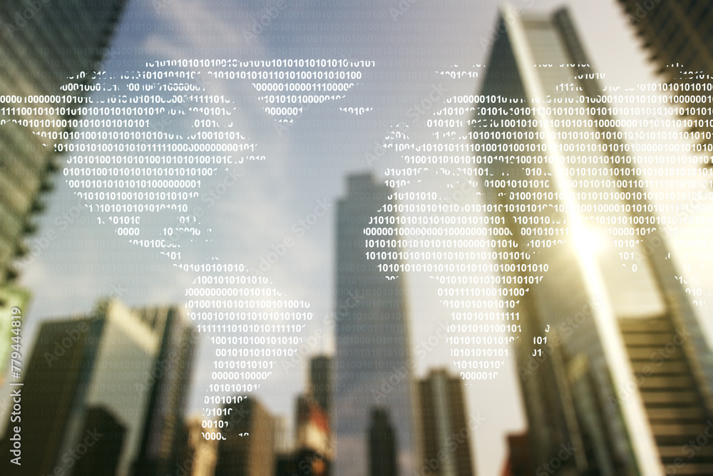 Poster double exposure of abstract digital world map hologram on blurry cityscape background, big data and 