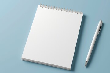 Fototapeta na wymiar Blank Spiral Notebook with White Pen on Blue Background, Workspace Concept with Copy Space. Mockup.