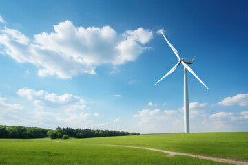 Obraz premium A lone wind turbine spins under a vast sky, symbolizing green energy's potential. AI Generative.