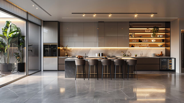 a front facing elegant kitchen with grey floor, few props, beautiful interior design, natural light environment, cinematic style, include an oven, refrigerator, and dishwasher