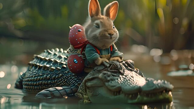 bunny riding an alligator.generative ai