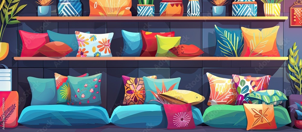 Sticker A leisure room in the house with electric blue and magenta pillows, plants on shelves, and rectangular art pieces on the walls, creating a vibrant and cozy atmosphere