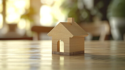 Obraz na płótnie Canvas Simplistic wooden house model on a table with soft lighting AI Generative.