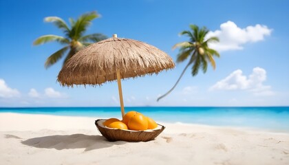 Tropical Bliss: Paradise Beach with Coconut Leaf Parasol , Paradise Found: Coconut Leaf Parasol Adorning a Beach Haven