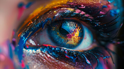 human eye close-up with colorful paint, generative Ai