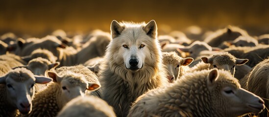 Wolf in a flock of sheep with wool clothing. Wolf pretending to be a sheep concept