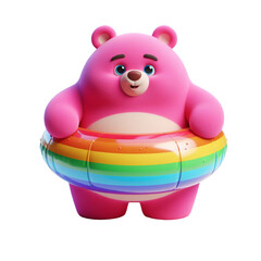 Large and funny pink bear in a large bright swimming ring isolated on PNG background. Generative AI.