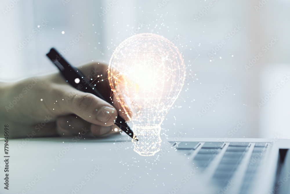 Poster creative light bulb illustration with hand writing in notepad on background with laptop, future tech