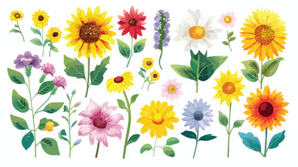 Spring flowers colorful vector set isolated in white background