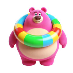 Large and funny pink bear in a large bright swimming ring isolated on PNG background. Generative AI.