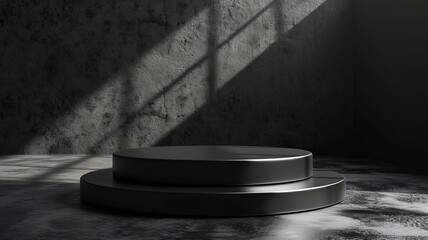 Full black podium pedestal with dark stuff for Black Friday offer presentation in 3D rendering. Elegant platform for promotional marketing discoun, AI Generative