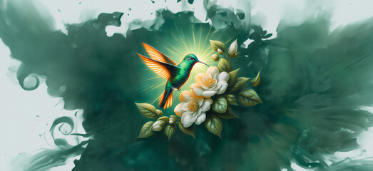  Hummingbird in Flight with Tropical Wild Nature Flowers on Green Abstract Texturized Degradé and Bokeh Background