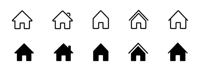 Web home icon set for websites and apps. Simple house symbol. Flat real estate sign. Main page pictogram in filled, thin line, outline and stroke style. Isolated illustration.
