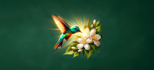  Hummingbird in Flight with Tropical Wild Nature Flowers on Green Abstract Texturized Degradé and Bokeh Background