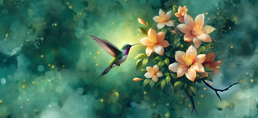  Hummingbird in Flight with Tropical Wild Nature Flowers on Green Abstract Texturized Degradé and Bokeh Background