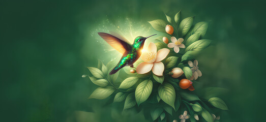  Hummingbird in Flight with Tropical Wild Nature Flowers on Green Abstract Texturized Degradé and Bokeh Background