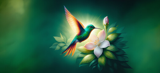  Hummingbird in Flight with Tropical Wild Nature Flowers on Green Abstract Texturized Degradé and Bokeh Background