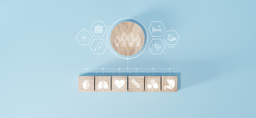 Health insurance concept. healthcare medical wooden cube block with icon, health and access to welfare health concept