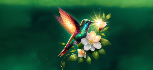  Hummingbird in Flight with Tropical Wild Nature Flowers on Green Abstract Texturized Degradé and Bokeh Background