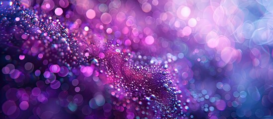 A vibrant scene with purple flowers, magenta petals, and lush green grass set against a background of shimmering blue and purple hues with glitter accents