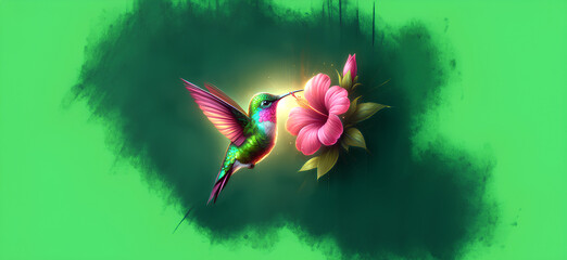  Hummingbird in Flight with Tropical Wild Nature Flowers on Green Abstract Texturized Degradé and Bokeh Background