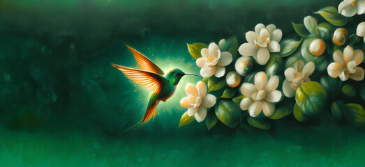  Hummingbird in Flight with Tropical Wild Nature Flowers on Green Abstract Texturized Degradé and Bokeh Background