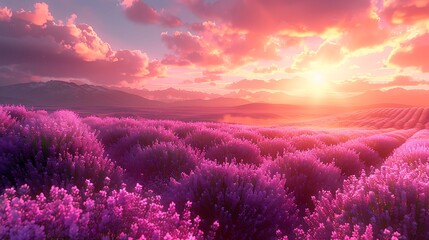 A detailed botanical illustration of a lavender field at sunrise, capturing the delicate purple hues of the flowers against a soft morning light. - obrazy, fototapety, plakaty