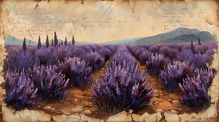 A detailed, antique-style illustration of a lavender field, with each lavender plant rendered with precise detail, mimicking the style of old botanical prints.