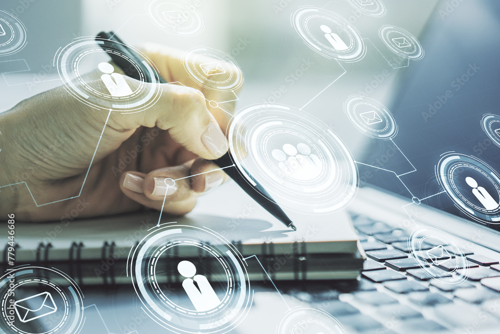 Poster double exposure of social network icons concept with hand writing in notebook on background with lap
