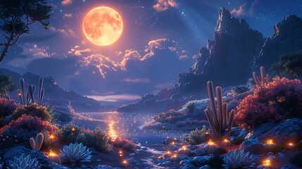 A fantasy-inspired rendering of a succulent garden under the moonlight, with bioluminescent succulents lighting up a mystical landscape. - obrazy, fototapety, plakaty