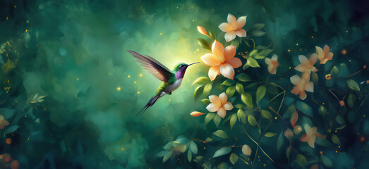  Hummingbird in Flight with Tropical Wild Nature Flowers on Green Abstract Texturized Degradé and Bokeh Background