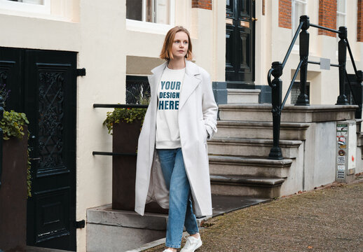 Mockup of woman in customized top and long jacket