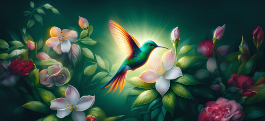  Hummingbird in Flight with Tropical Wild Nature Flowers on Green Abstract Texturized Degradé and Bokeh Background