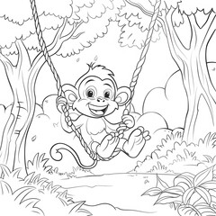 coloring page for kids, cute monkey swinging in the jungle