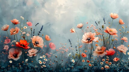 Fototapeta na wymiar A soft and dreamy watercolor background featuring a delicate mix of wildflowers, including lavender, poppies, and daisies.