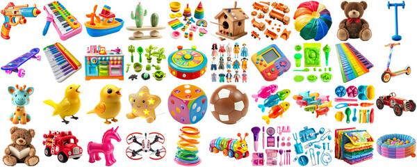 big collection of different toys for children kid, school playroom decor, magnet toy, doll, teddy...