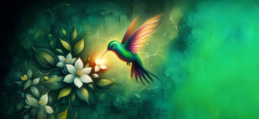  Hummingbird in Flight with Tropical Wild Nature Flowers on Green Abstract Texturized Degradé and Bokeh Background
