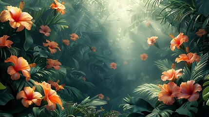 Obraz na płótnie Canvas A vibrant and lush digital illustration of a tropical paradise, featuring a dense jungle of green foliage and exotic flowers like hibiscus and bird of paradise.