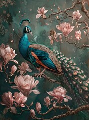 colorful peacock with pink flowers - 779447403