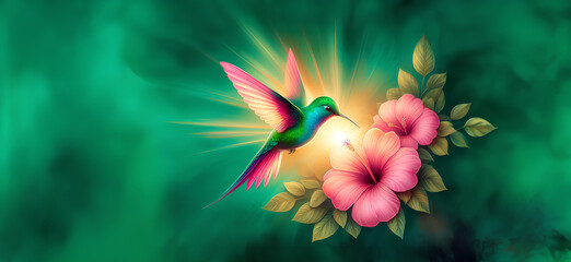  Hummingbird in Flight with Tropical Wild Nature Flowers on Green Abstract Texturized Degradé and Bokeh Background