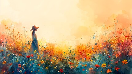 A vibrant watercolor composition showcasing a wildflower meadow at sunrise. - obrazy, fototapety, plakaty